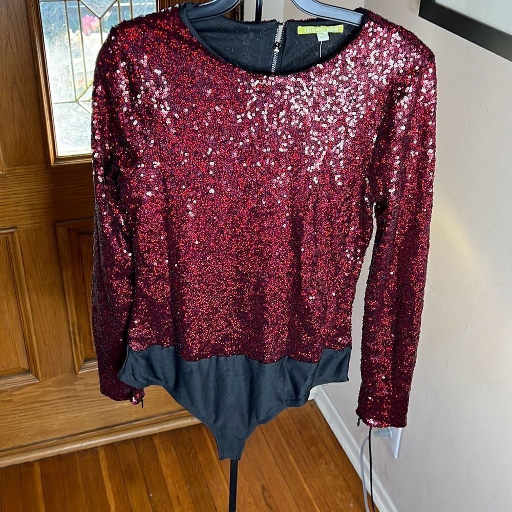 Gianni Bini Logan Red Wine Sequin Bodysuit Size Medium Nwot